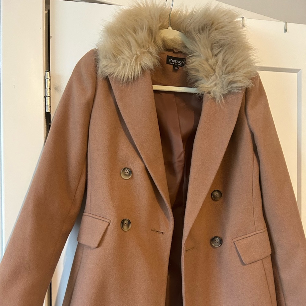 Topshop Camel Pea Coat with Plush Fur Collar